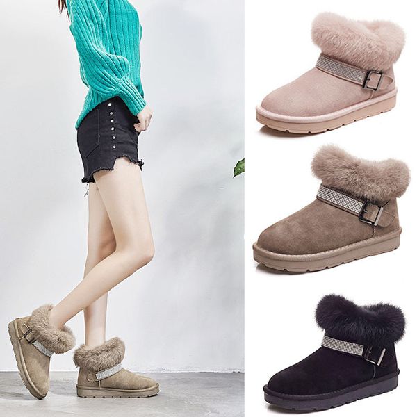 

ankle crystal boot genuine leather +natural fur snow boots fur boots women's shoes flat cotton warm shoes, Black