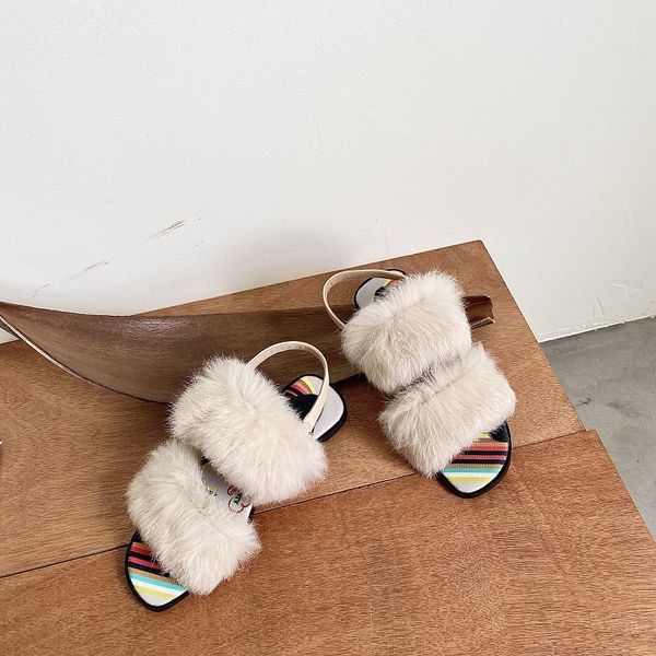 

new real rabbit hair summer sandals open fingered refreshing light texture women shoes flat sole black buckle simplicity slipper