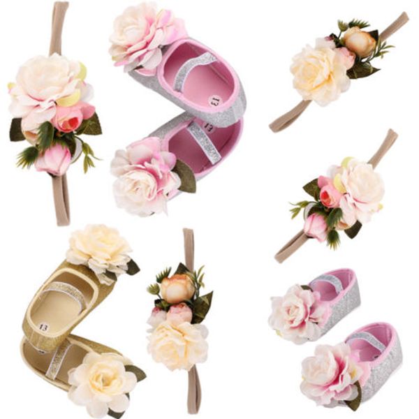 

newborn baby girl soft sole crib shoes headband 2pcs anti-slip sneaker prewalker