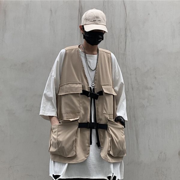 

men's vests cotton vest fashion solid color casual multi-pocket tooling wind jacket men streetwear wild loose couple gilet, Black;white