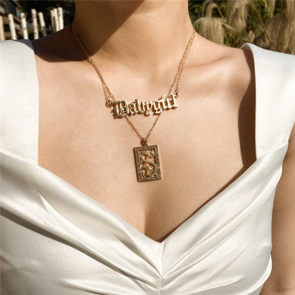 

elegant women crystal dragon baby girl letter pendant multilayer necklace ladies gold color metal geometric charm necklaces, Silver