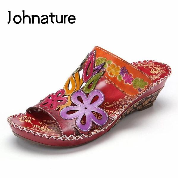 

johnature women slippers genuine leather slides hand-painted women shoes 2020 new summer sewing wedges handmade ladies slippers, Black
