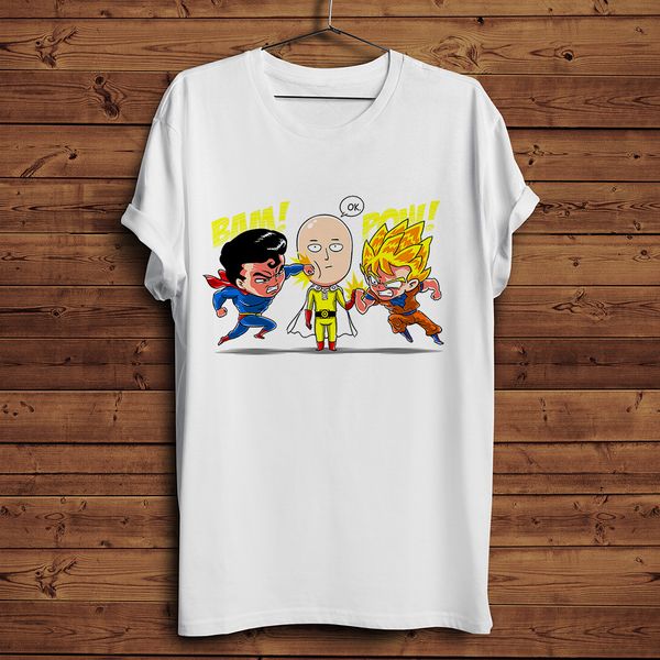 

saitama prepares to destroy superman goku with one punch funny anime t shirt men 2019 summer new white casual homme cool tshirt
