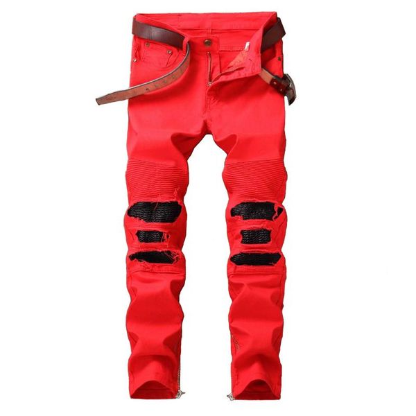 

men's jeans mcikkny ripped pleated jean pants washed patchwork motorcycle denim trousers fashion designer male streetwear, Blue