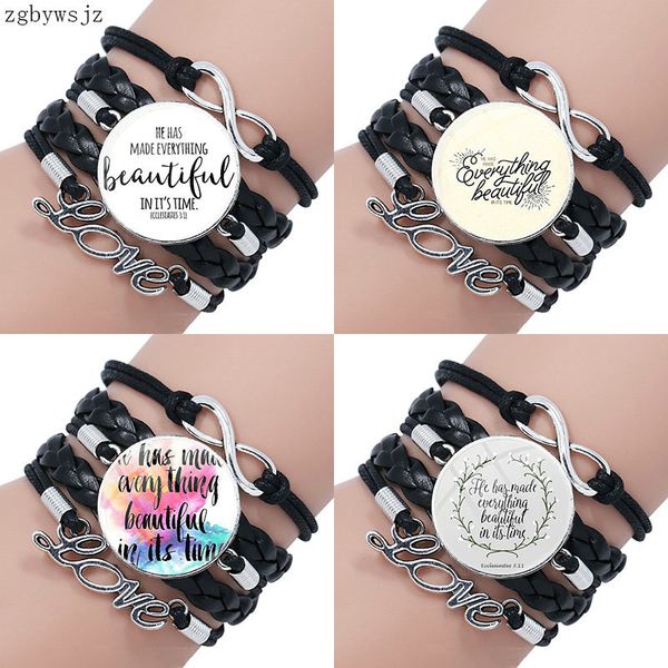 

fashion glass cabochon statement multilayer black leather bracelet bangle for women he has made everything beautiful in its time, Golden;silver