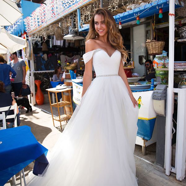 

off the shoulder sleeveless wedding dresses with pleats beading sequins tulle sweep train wedding gowns vestido de noiva, Blue;red