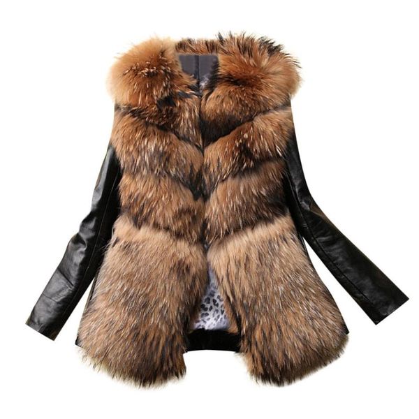 

women's fur & faux coat winter thick warm leather mink collar biker motorcycle women pelliccia ecologica manteaux fausse fourrure, Black