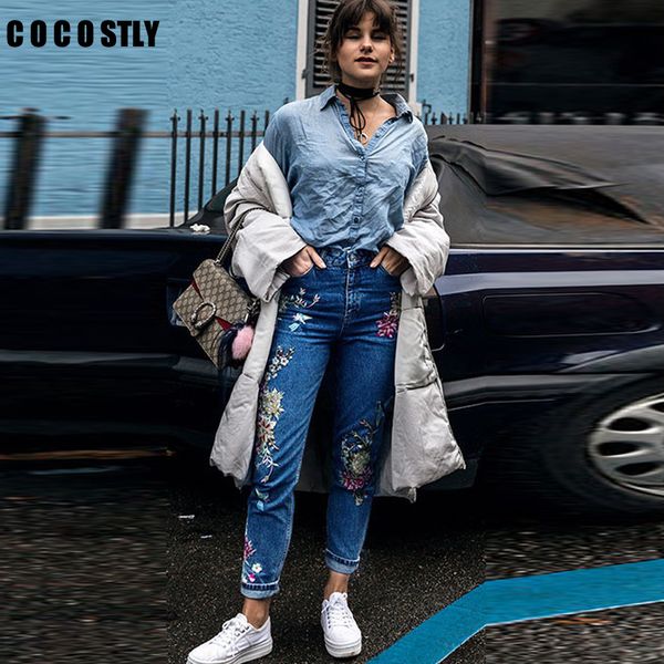 

women's jeans womens streetwear flower embroidery female high waist pants autumn women bottom femme plus size, Blue