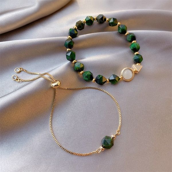 

green red blue stone beads bracelets for women 2 sets charm bracelet and bangles ins style fashion jewelry birthday gift for her, Golden;silver