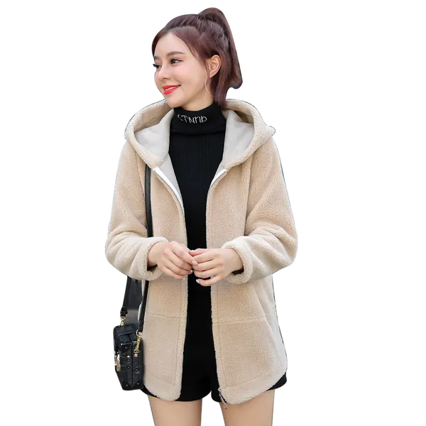 

women's fur & faux 2021 autumn winter womens loose sheep shearling jacket fashion one lamb wool short coat thick warm hooded parka over, Black
