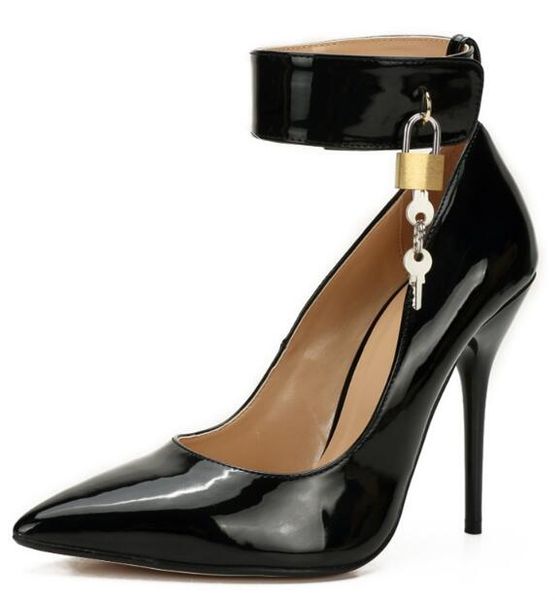 

pointed toe pump key lock padlock ankle straps women high heels fashion key dec womens stiletto heels luxury designer shoes, Black