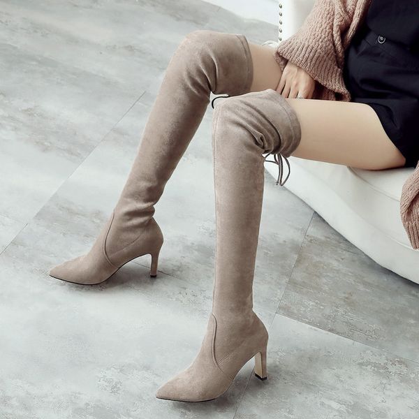 

boots beige black luxury flock leather thigh high for women fashion pointed toe block heel over the knee 2021 ladies