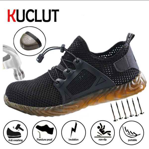 

kuclut comfortable light safety shoes steel toe anti-smashing indestructible work shoes lace less breathable sneakers, Black