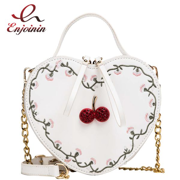 

fashion embroidered cherry heart shaped pu leather women shoulder bag tote crossbody bag chain purse handbag ladies clutch