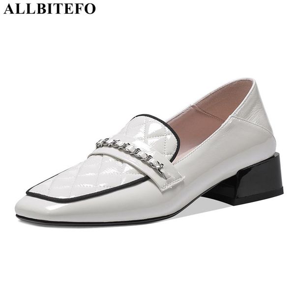 

allbitefo size 34-42 chain design natural genuine leather women medium heel shoes women heels shoes high heels work, Black