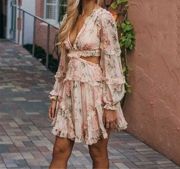 

twotwinstyle boho floral ruffle pink bandage beach dress 2019 summer clothes for women long sleeve korean elegant002, Black;gray