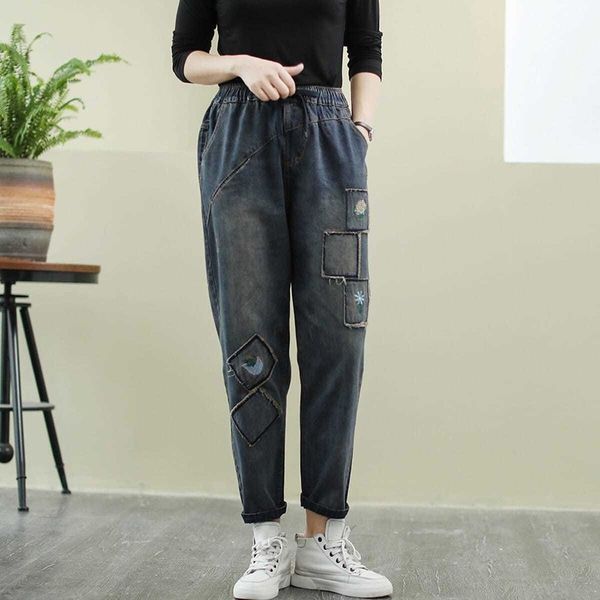 

new arrival autumn women vintga cotton denim embroidery harem pants loose casual patchwork elastic waist jeans woman a114, Blue