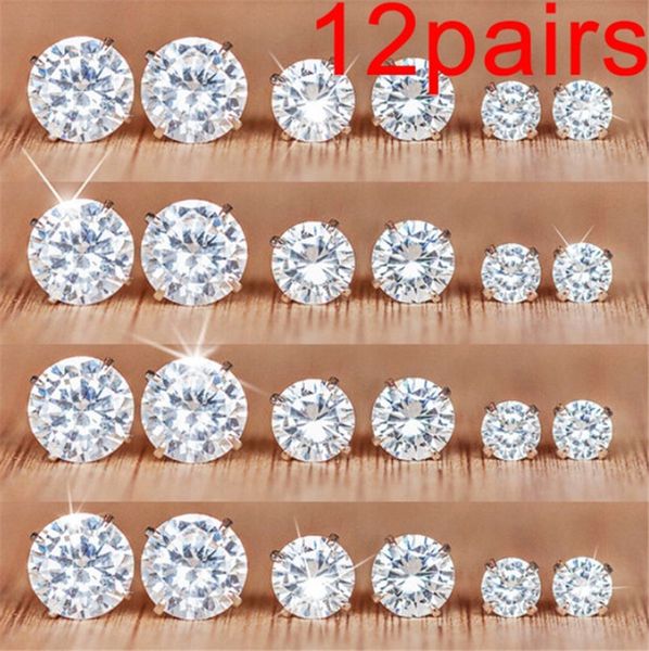 

european and american selling jewelry retail and wholesale round six-claw crystal zircon set of 12 pairs of earrings for girls beautiful, Golden