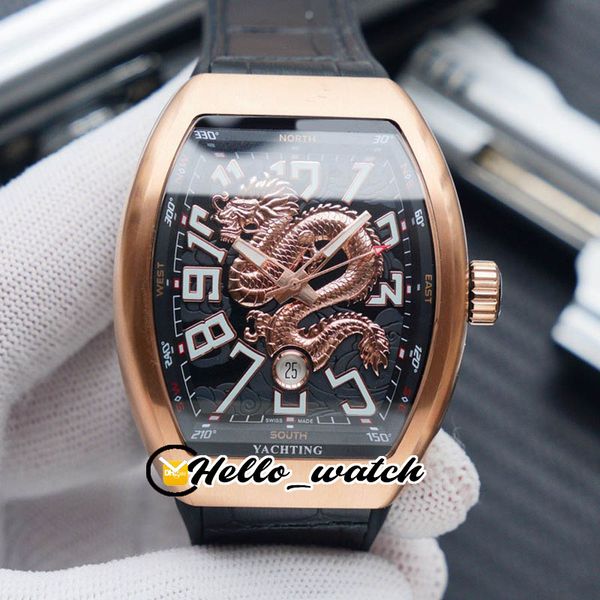 2021 Coleção masculina rei Vanguard iatting relógios V45 3D Dragon Pattern Black Dial Black Mens Watch Rose Gold Case Borracha Hello_watch E200