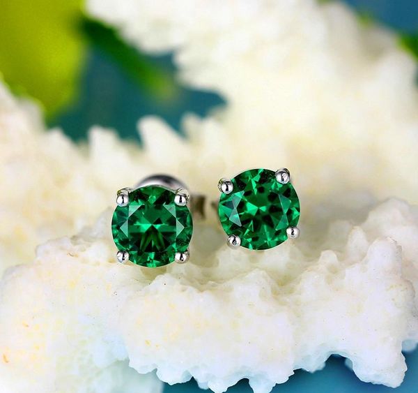 

cute female 8mm round emerald green stone earrings sterling silver wedding earrings for women vintage double01, Golden;silver