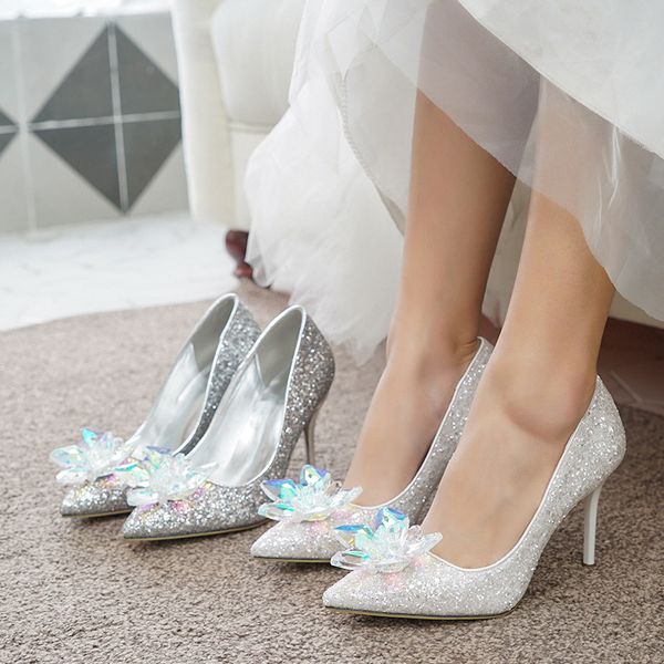 

2020 european wedding shoes bridal shoes female white drill rhinestone crystal stiletto pointed fashion high heels, Black