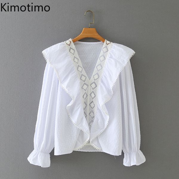 

kimotimo blouse women v-neck ruffles long flare sleeve patchwork elegant sweet vintage fashion chic women shirt and blouse, White
