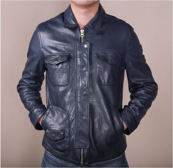 

2020 men's blue color slim fit genuine with pockets import sheepskin jacket men casual leather coat male, Black