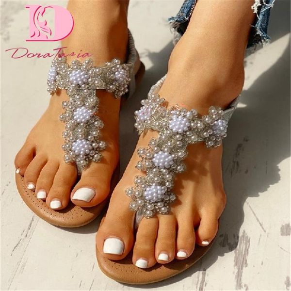 

doratasia 2020 brand design gladiator women sandals low heels string bead flats summer casual woman shoes, Black