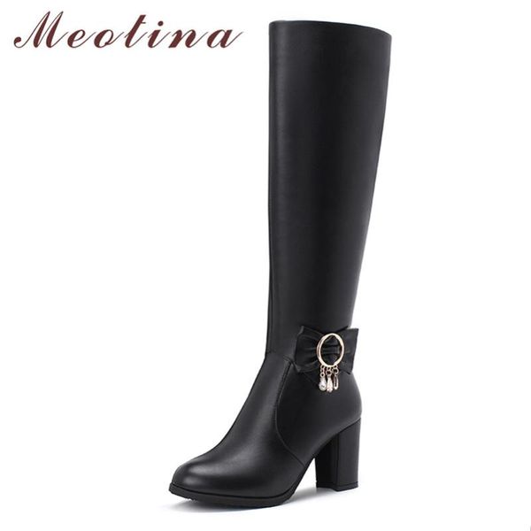 

boots meotina winter knee high women crystal block heel long bow zipper round toe shoes female autumn big size 33-43, Black