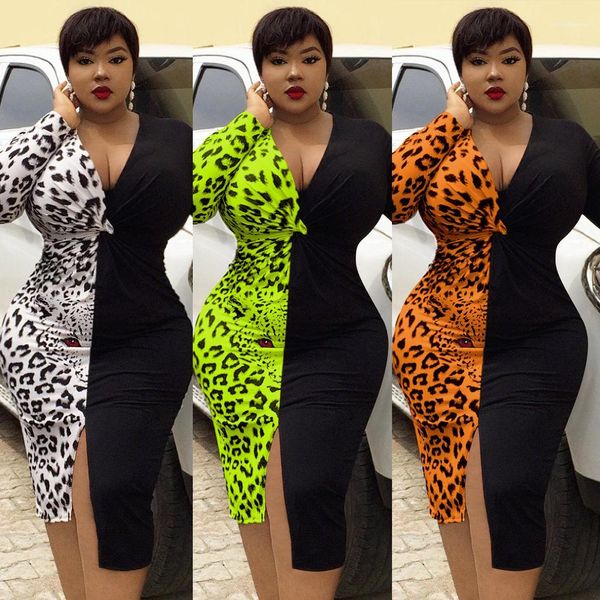

printed contrast color v neck split asymmetrica dress plus size womens clothing autumn womens designer dress leopard, Black;gray
