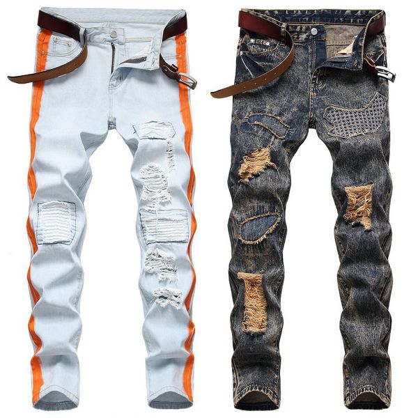 

men's jeans men ripped slim fit pant denim frayed long skinny, Blue