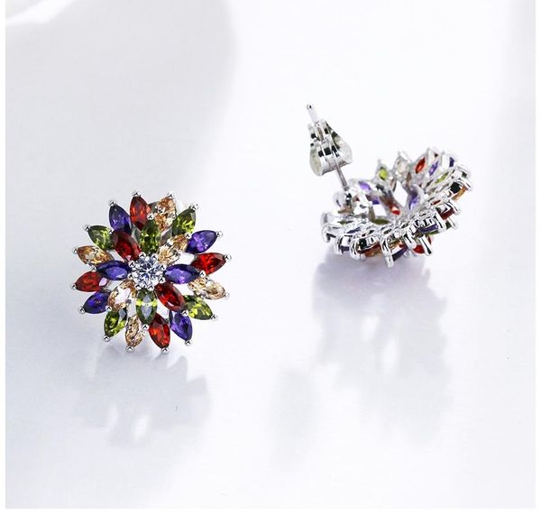 

dreamcarnival 1989 deluxe flower round and marquise cut multi colors cubic zirconia stones stud earring for women gifts002, Golden;silver