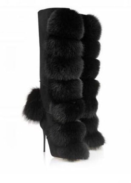 

sestito 2020 women winter hair ball embellished knee high boots girls high heels long boots ladies zipper dress shoes, Black