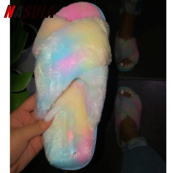 

slippers nasula women home winter warm shoes woman slip on flats slides female faux fur 36-41 wholesale, Black