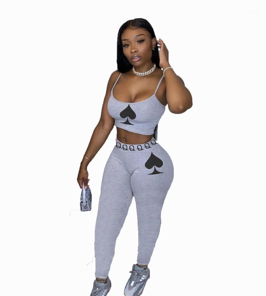 

skinny solid color two piece pants spaghetti strap women summer suist women 2 piece sets womens tracksuits fashion, Gray
