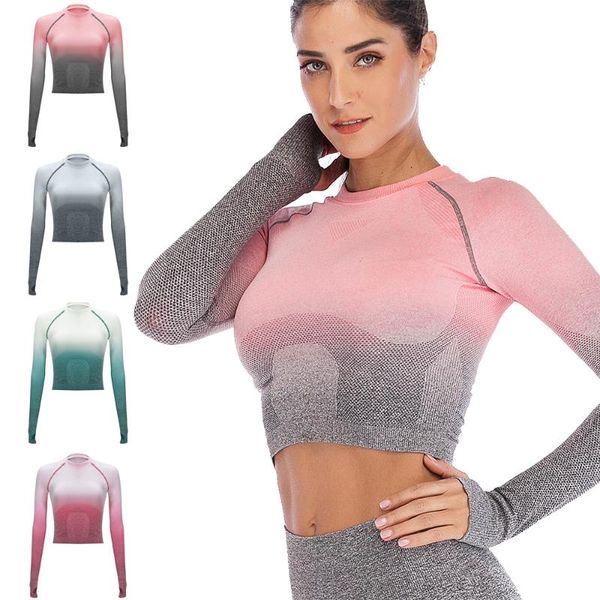 

gradient color women yoga sports shirt long sleeve yoga gym sport fitness crop women shirt, White;red