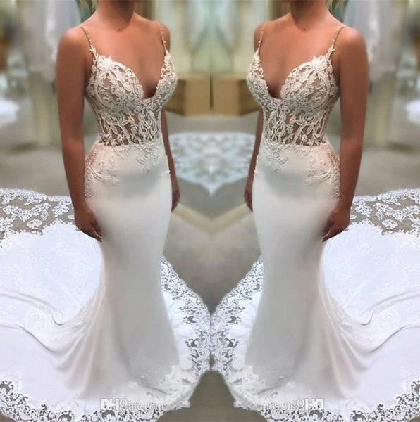 

2019 Spaghetti Straps Lace Mermaid Wedding Dresses Illusion Satin Tulle Applique Court Train Bridal Gowns robe de mariée BA9941
