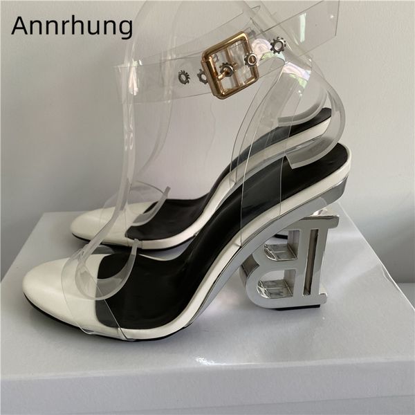 

one strap sandals women strange metal letter heel shoes open toe clear pvc strap sandalias fashion runway sandals heels, Black