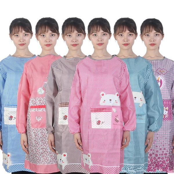 

2020 new cute lattice aprons long sleeve baking apron anti oil waterproof animal pinafore pocket kitchen household accessories 10hf b2