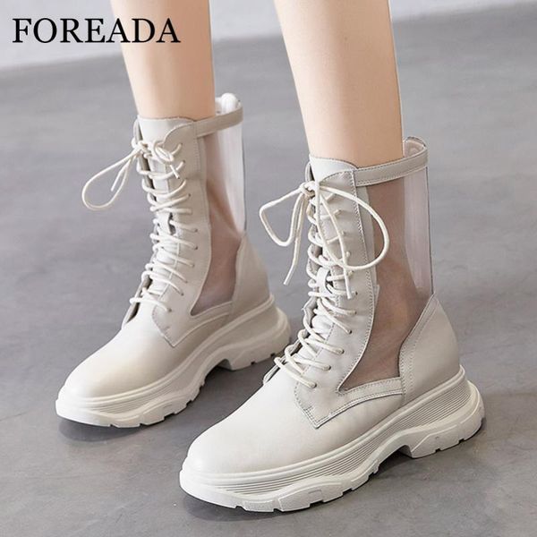 

foreada platform motorcycle boots woman high heel mid calf boots cutouts height increasing shoes lace up lady summer white, Black