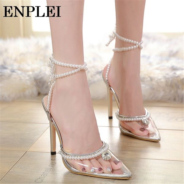 

enplei sandals women temperament party banquet pumps pointed transparent diamond pearl high heels size 35-40, Black