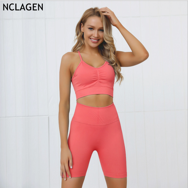

nclagen yoga set sportswear women solid color fitness sports short gym workout running push-up crop halter shorts suit, White;red