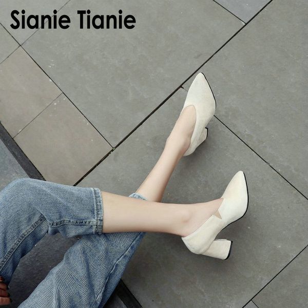 

sianie tianie faux suede flock pointed toe block high heels v cut design fashion women pumps office wedding shoes for woman, Black