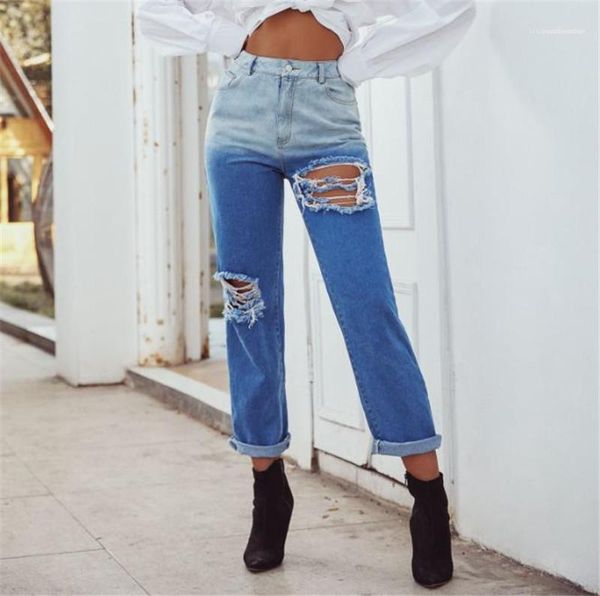 

jeans fashion street style ripped hole wide leg vintage jeans women casual high waist pants women contrast color, Blue