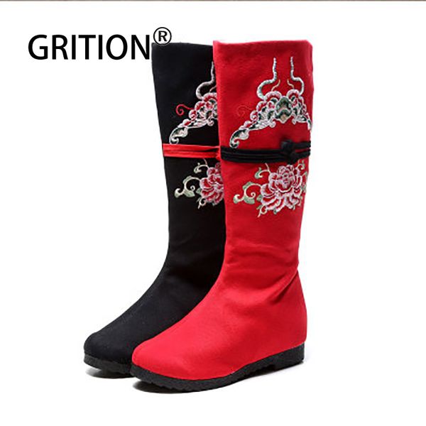 

grition womans boots winter chinese ethnic style embroidered mid-length single boots increased breathable lightweight 2020 new, Black