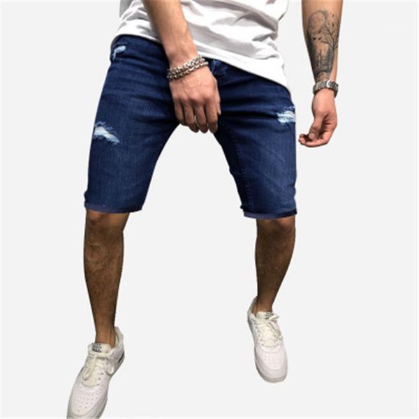 

mid waist five point jeans fashion hole mens denim shorts zipper casual blue jeans knee length street pants designer male