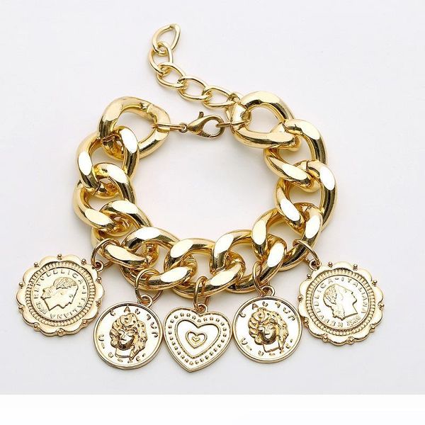 

punk exaggeration chain coin retro bracelets for women personality relief reliefs geometric bracelet jewelry, Black