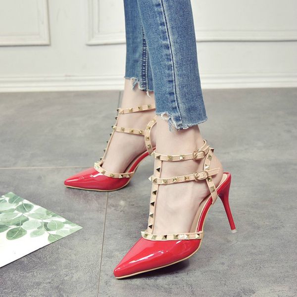 

2020 10cm pumps high-heeled shoes female pointed stiletto nightclub word with rivets wild sandals female summer, Black