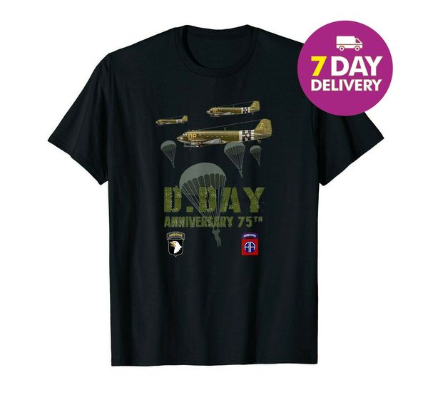 

75 th anniversary d-day wwii t-shirt black cotton size s-3xl