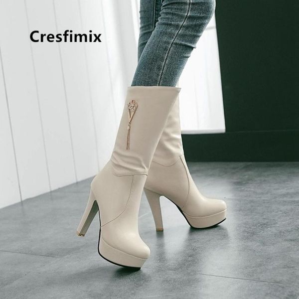 

cresfimix botas de mujer women fashion beige high heel winter boots lady cool white pu leather autumn boots party shoes c6072, Black
